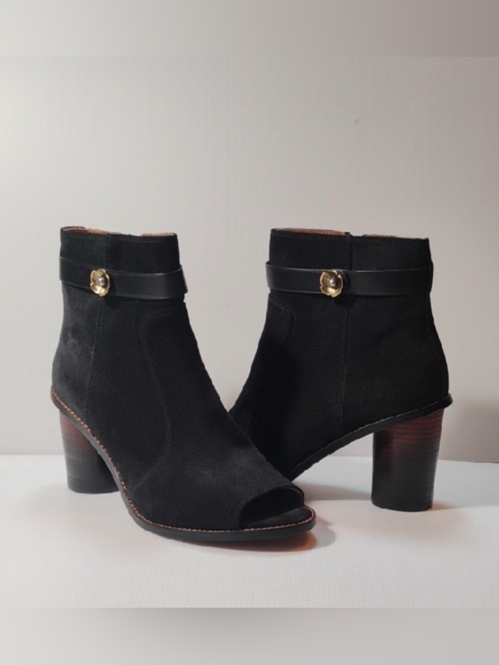 🔥 Coach MOTO open toe booties in black suede with decorative straps